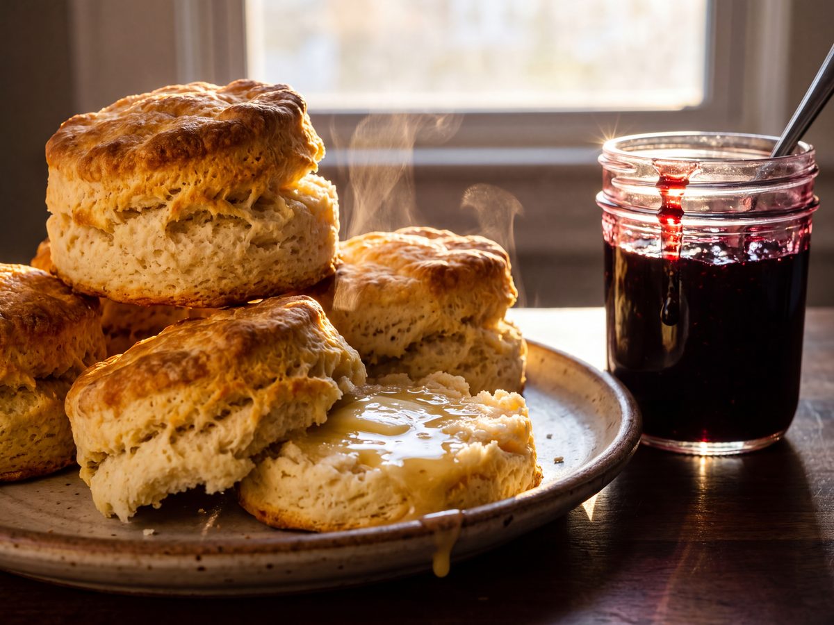 Split buttermilk biscuits with butter melting in