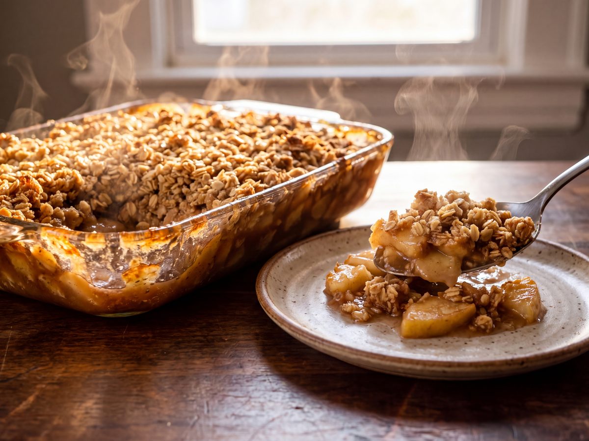 Apple crisp with a crumbled oat topping