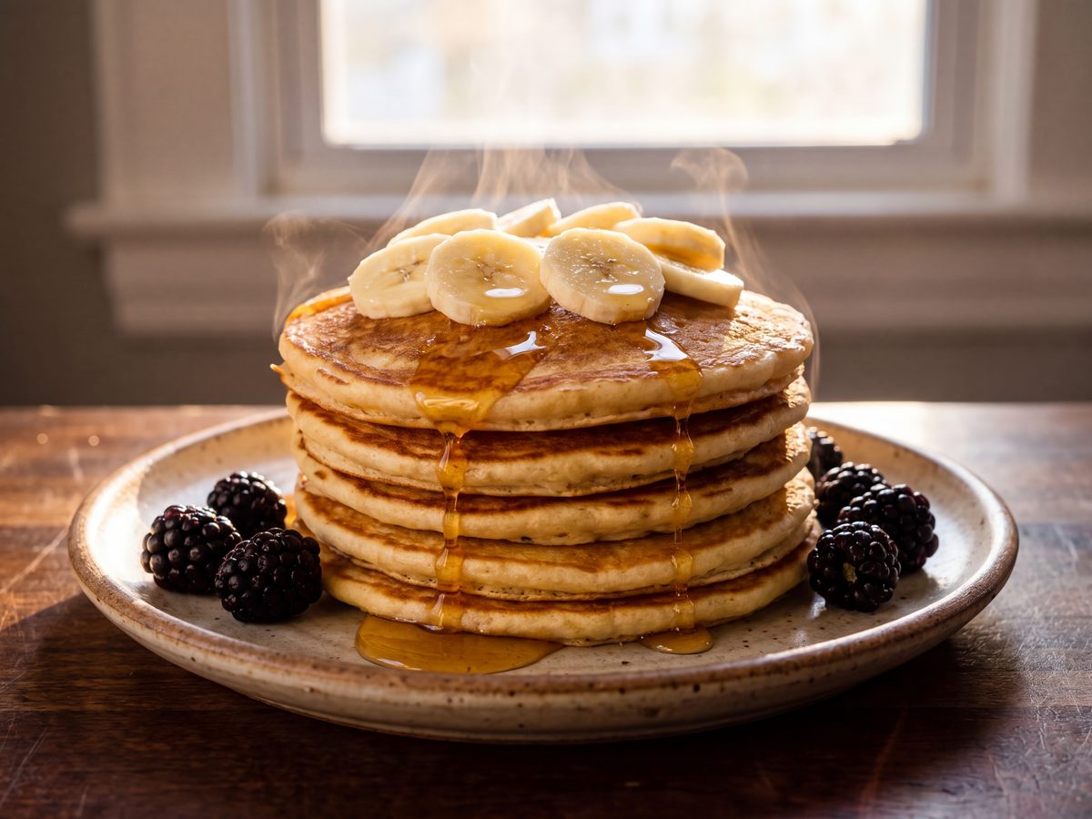 A stack of banana oat pancakes with sliced banana