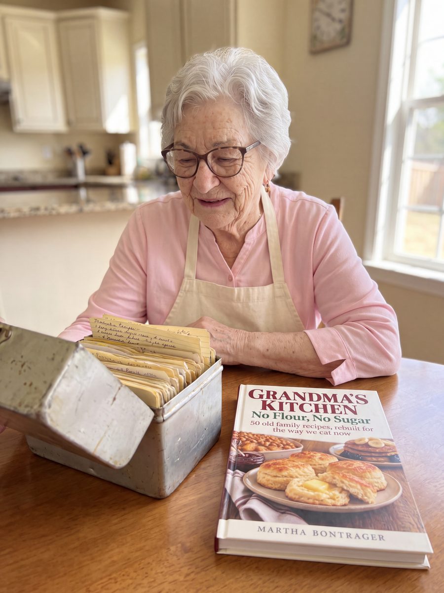 Martha at her kitchen table with her mother's old tin recipe box