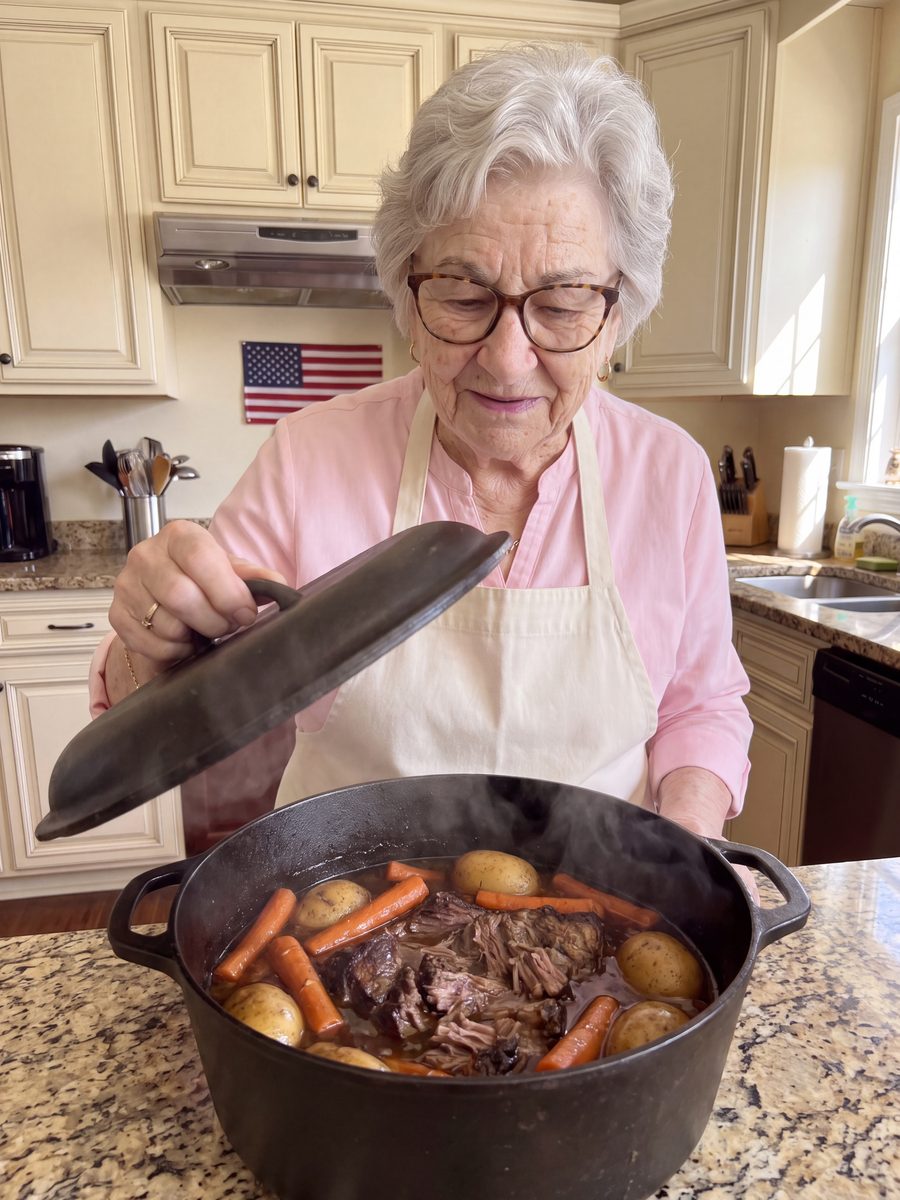 Martha lifting the lid off a Sunday pot roast