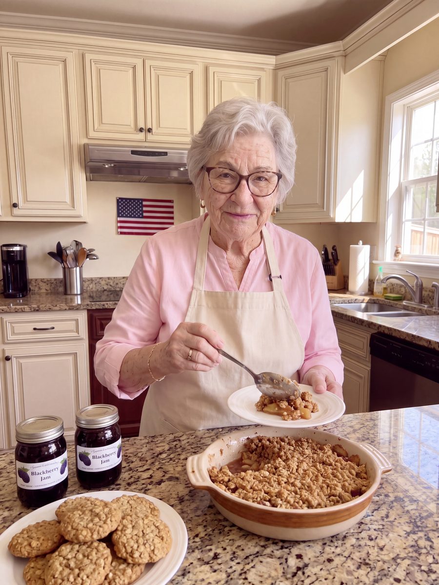 Martha spooning apple crisp out of the dish