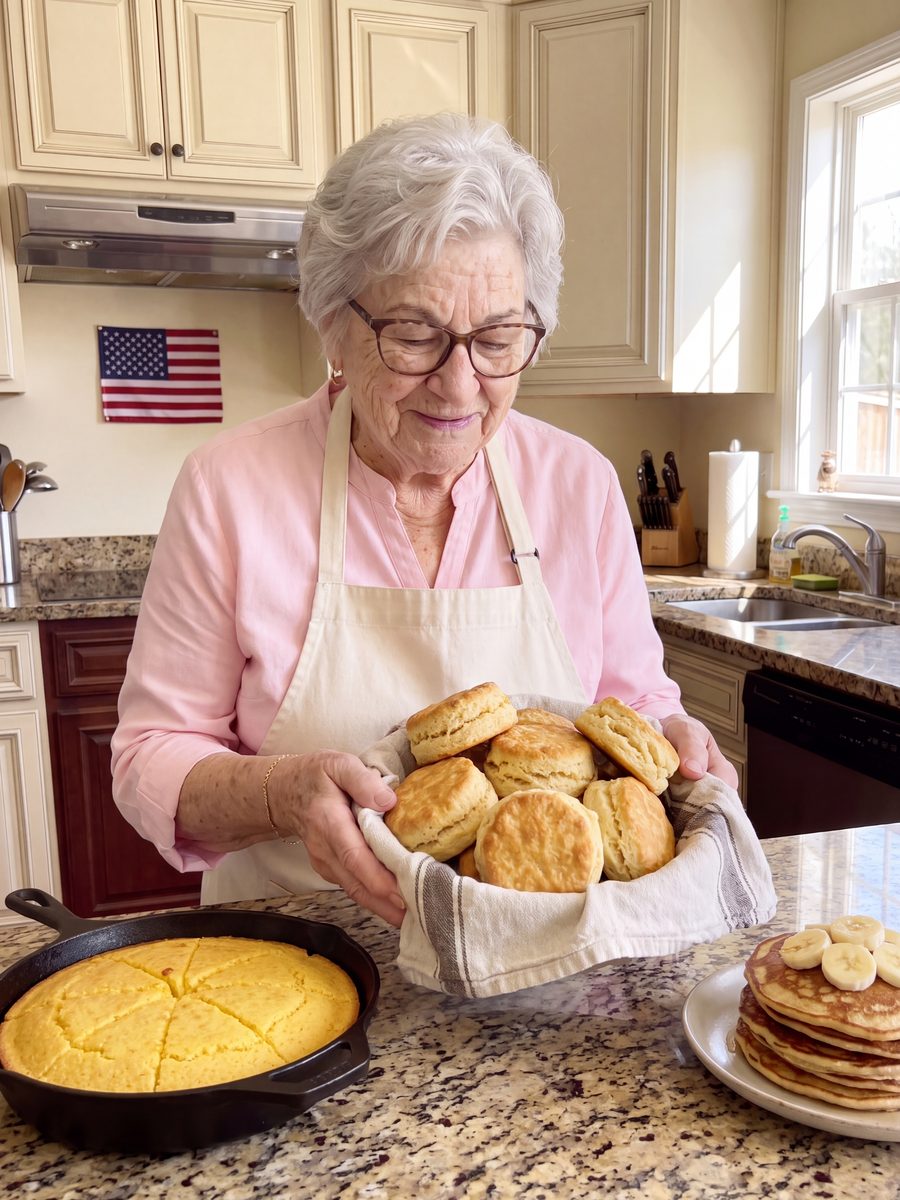 Martha lifting a bowl of golden biscuits off the counter